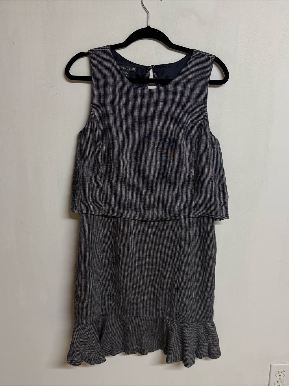 Covington Linen-Cotton Blend Navy Micro Check Ruffle Hem Sleeveless Shift Dress